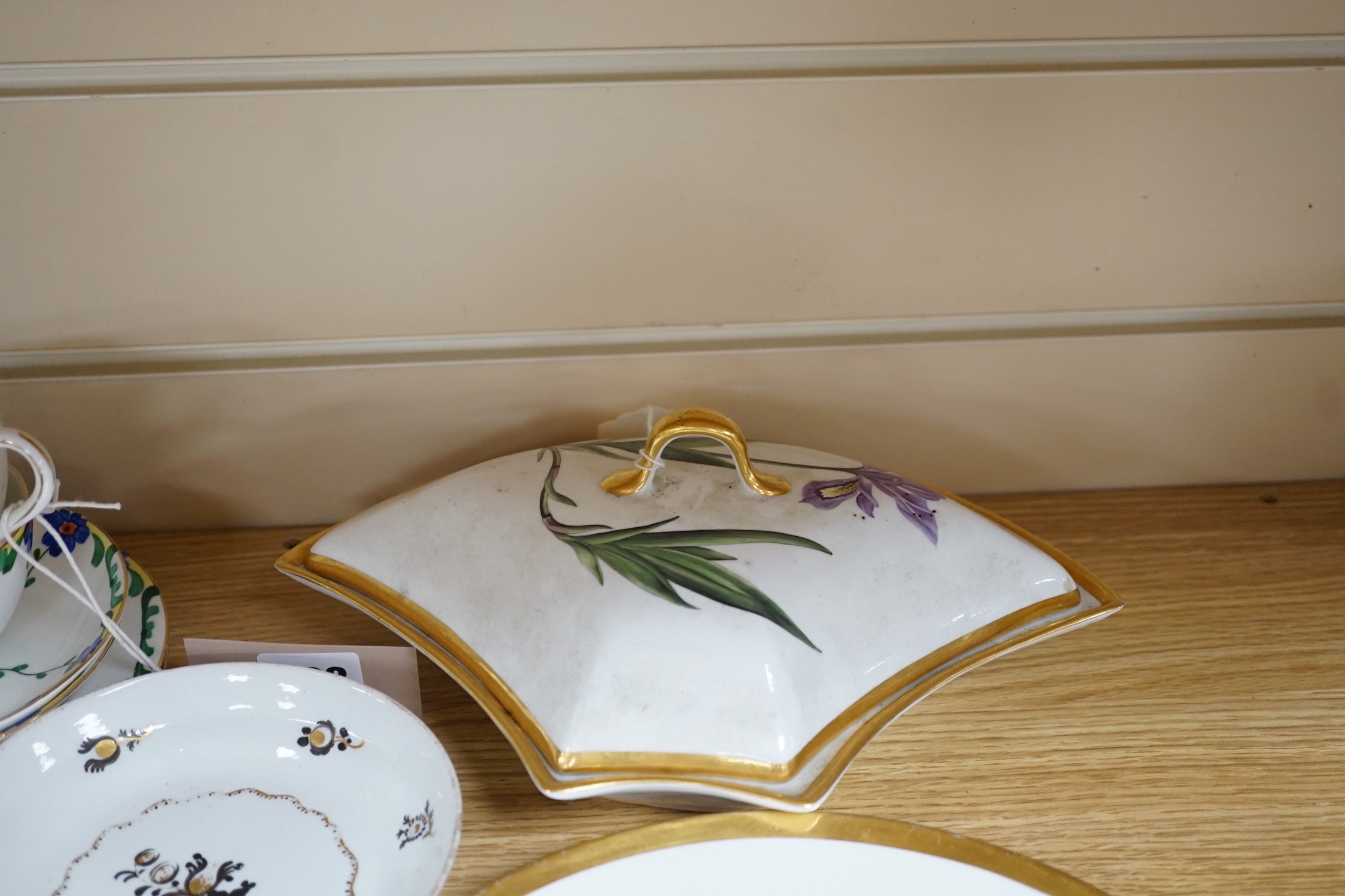 A Chamberlains Worcester botanical part supper set, c.1800-10, an English porcelain saucer and Bisto cups and saucers